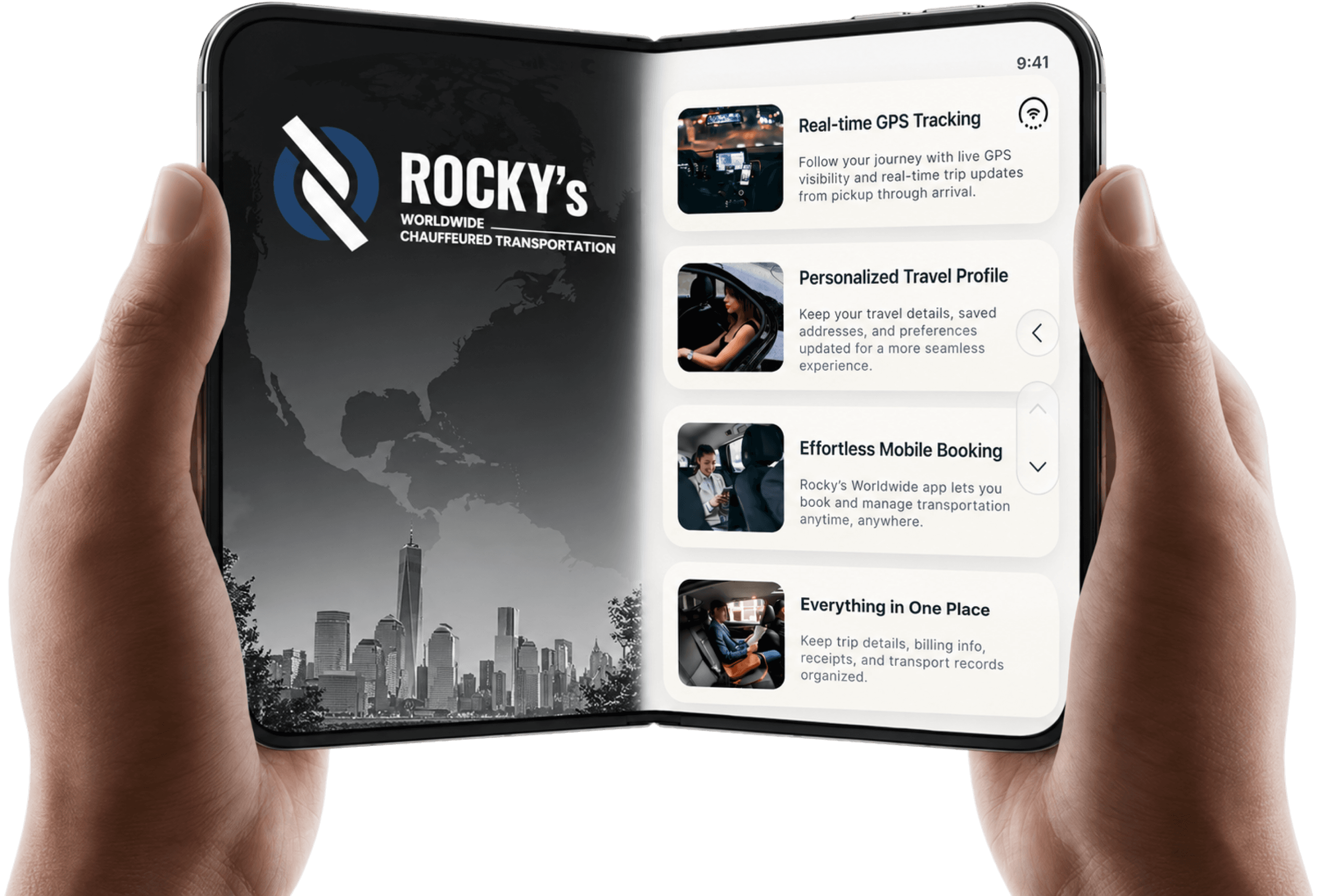 Rocky’s Worldwide app open on a foldable phone, showing GPS tracking, travel profiles, mobile booking and trip records