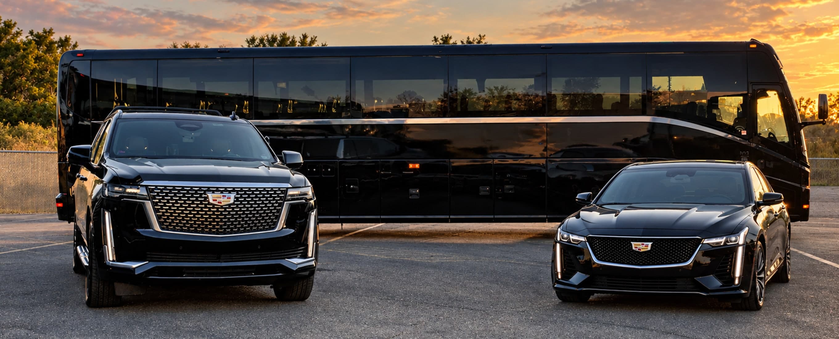 Luxury SUVs, a sedan and a coach parked at sunset
