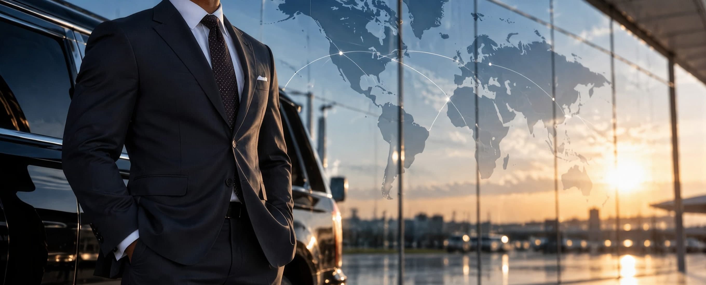 A chauffeur in a suit beside a vehicle, with a world map over the city skyline
