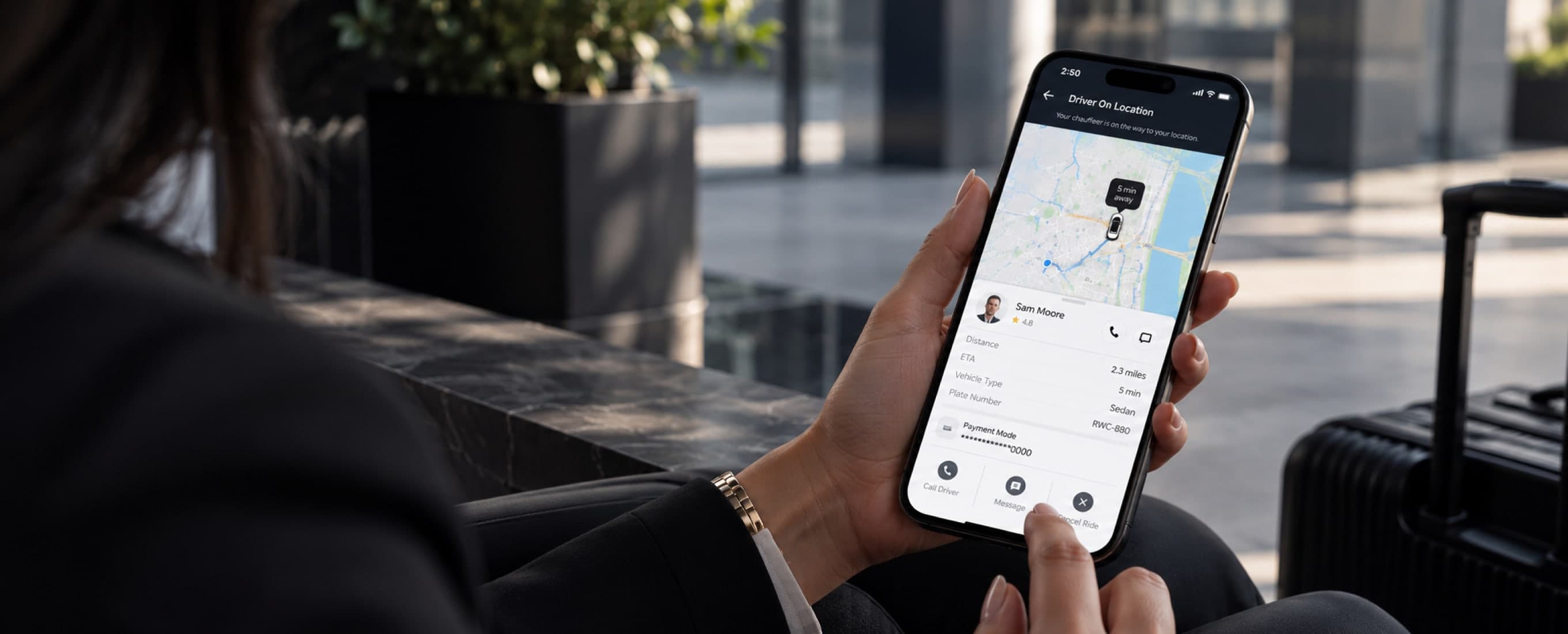 A passenger tracking a booked trip on a phone app